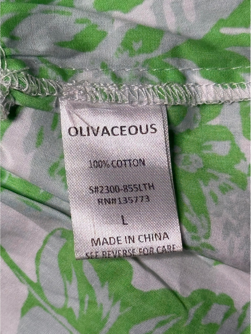 Olivaceous Green and White Floral Puff Sleeve Top, Size L - Picture 3 of 5